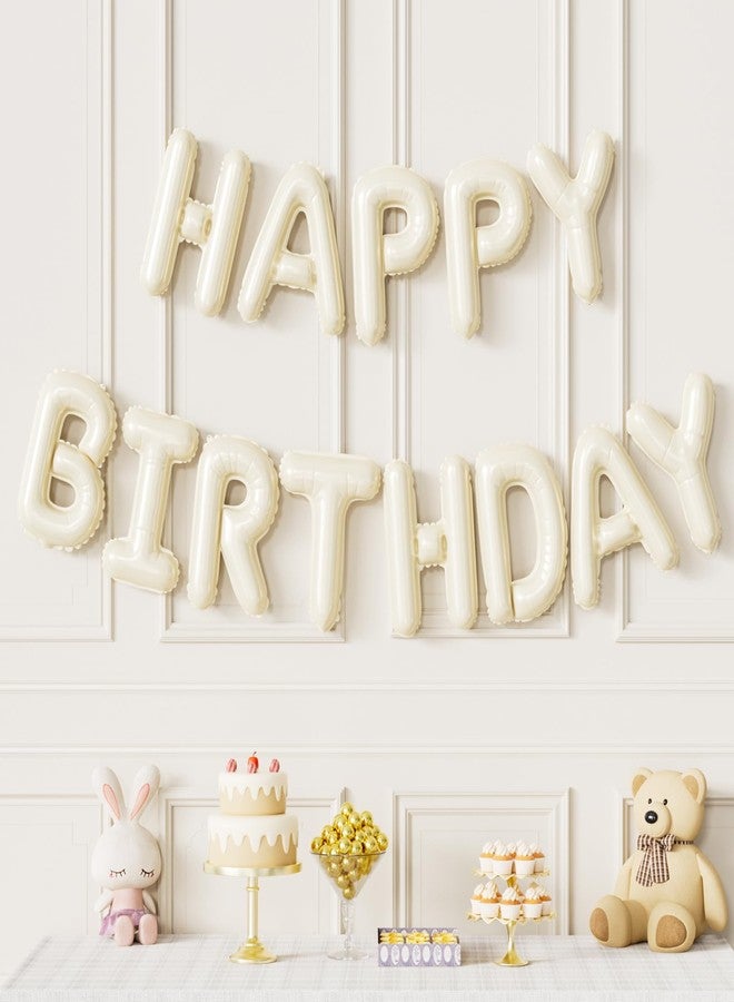 Haolongfa Cream Happy Birthday Balloon Banner, 16 Inch Cream White Happy Birthday Foil Balloons, Neutral Beige Letter Balloons Sign for Women and Girls, HBD Party Decorations, Photo Backdrop Supplies - Image 1